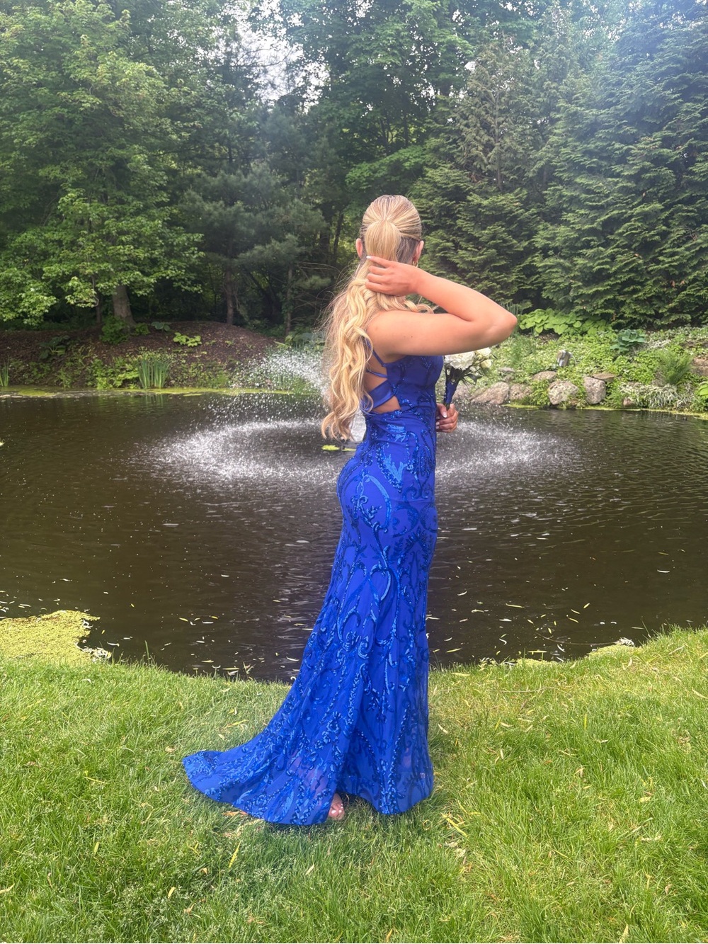 Windsor Cobalt Blue Beaded Lace Prom Gown